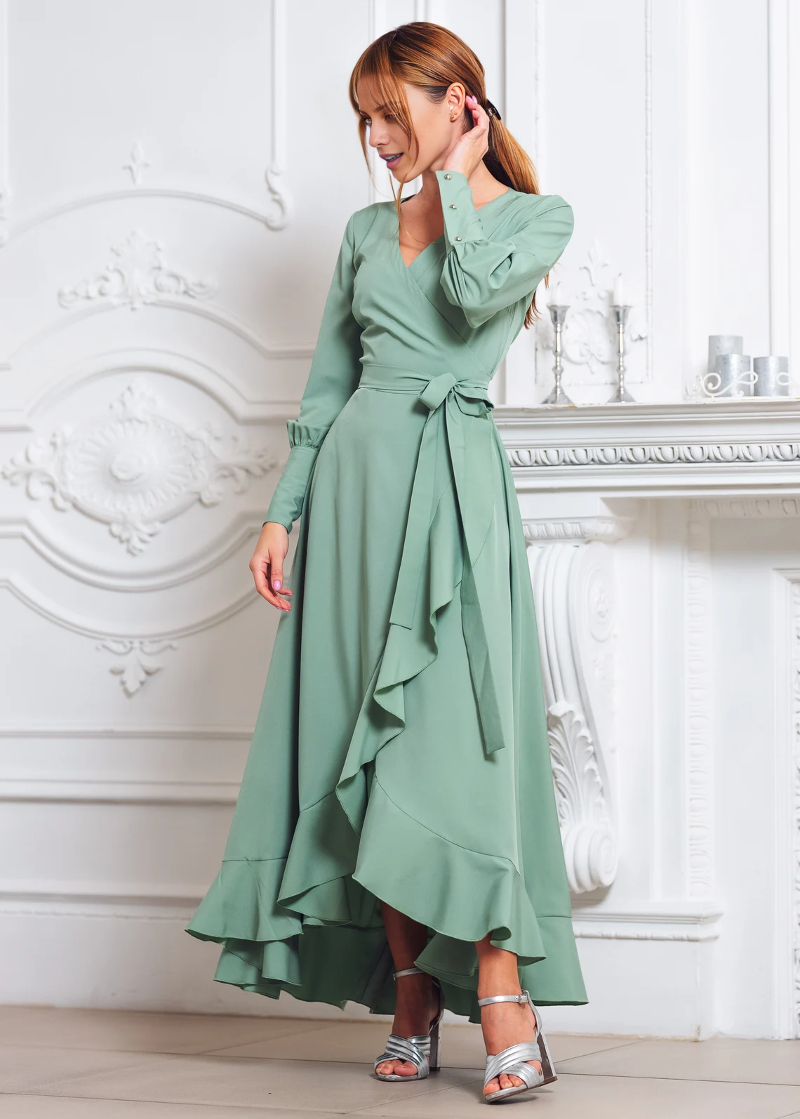 Abito da ballo Jimiss con scollo a V, maniche lunghe, volant in chiffon